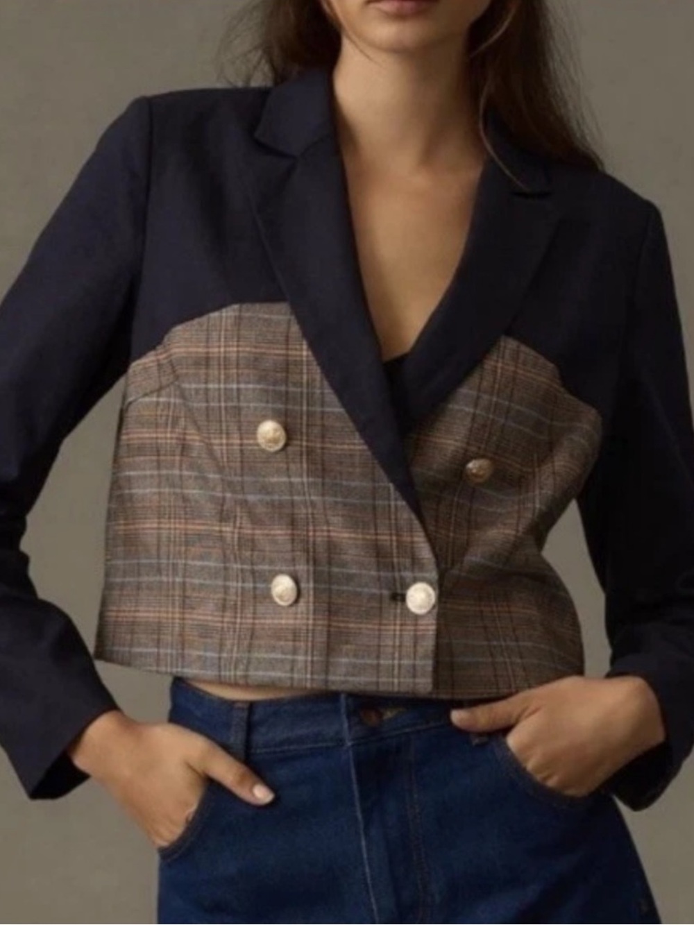 Anthropologie Dolan Cropped Blazer Blue Plaid Linen Blend XS Gold Buttons Preppy